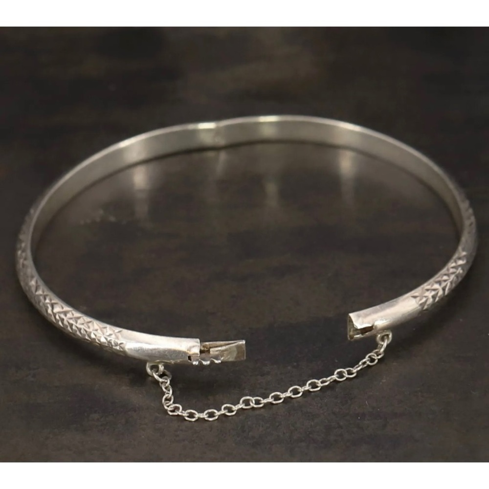 VTG Sterling 5mm Diamond-cut 7" Hinge Bangle Bracelet - 5g with Safety Chain 925 - Picture 10 of 11